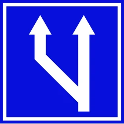 תמרור 620 – שינוי במספר הנתיבים: מספר הנתיבים בכביש הולך וגדל משמאל. חץ בצבע צהוב מציין נתיב לתחבורה ציבורית בלבד